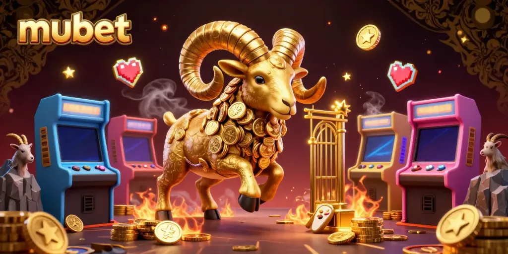 Experience the thrill of mubet with dynamic 3D casino visuals featuring a golden ram and arcade games.
