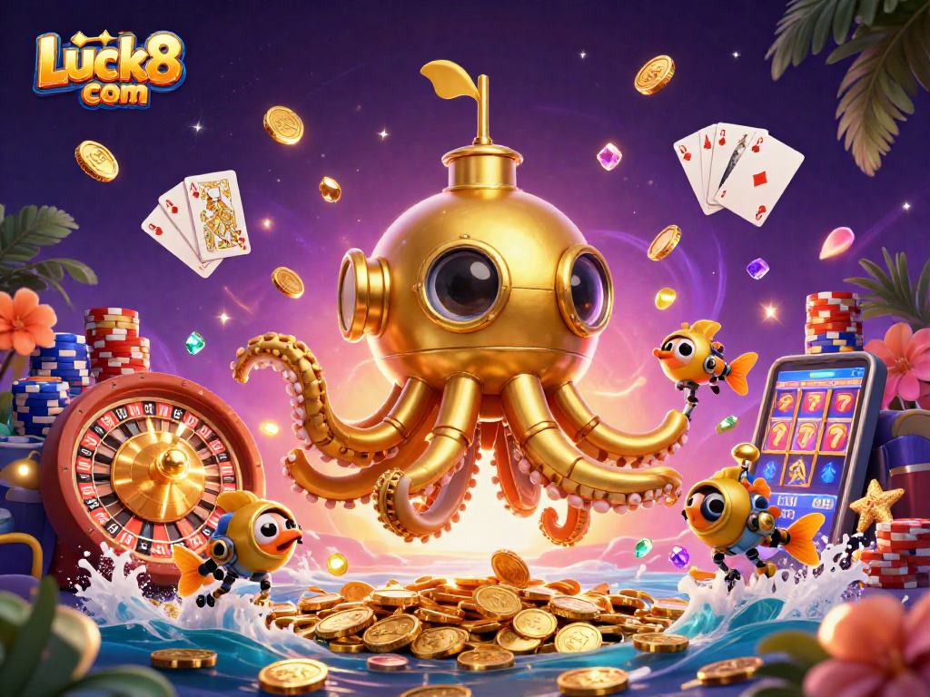 Experience the exciting world of Luck8 com with dynamic casino elements and gold coins flying in an ocean of fun.