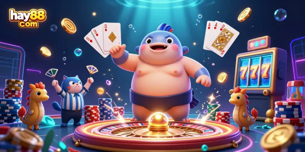 Experience the thrill of hay88 com with a 3D cartoon illustration featuring an underwater casino scene full of action and excitement.