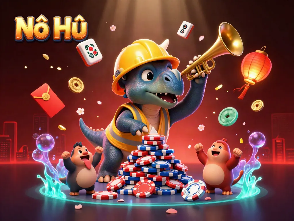 Nổ Hũ scene with a triceratops building poker chips, celebrating with colorful game elements in a dynamic casino atmosphere.