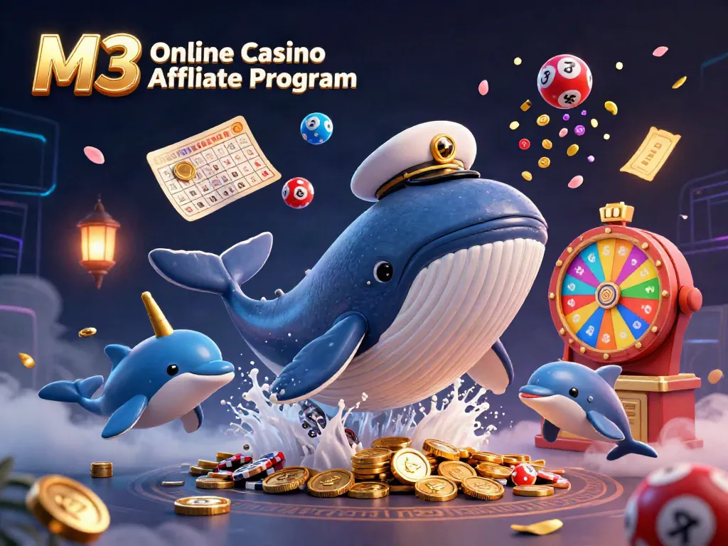 Experience the excitement of the M3 Online Casino Affiliate Program with this vibrant 3D scene of a whimsical whale amidst game elements.