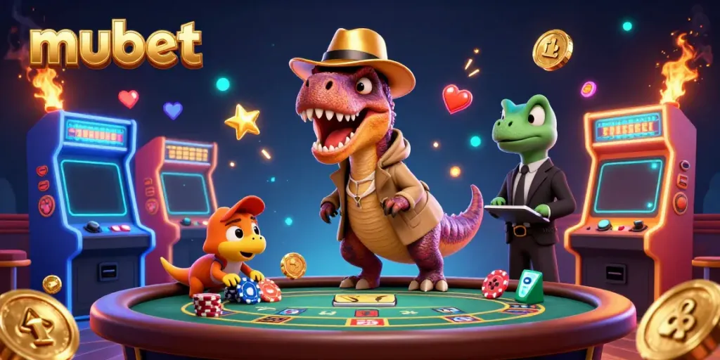 Experience the excitement of mubet with dynamic 3D casino characters amidst colorful gaming elements.