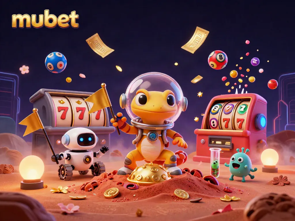 Experience exciting moments with mubet, showcasing a Martian gecko discovering a golden casino on Mars.