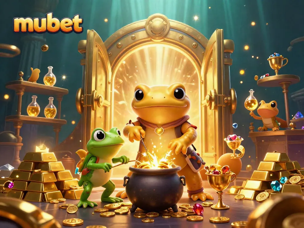 Experience thrilling luck at mubet with alchemist characters amidst piled gold coins and gems