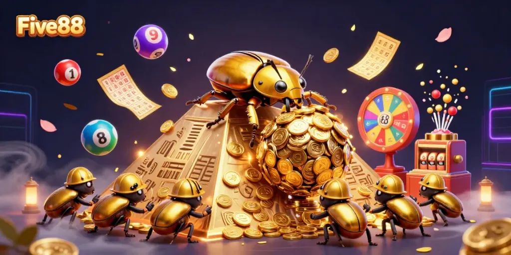 Engage with Five88's thrilling casino excitement through a vibrant 3D golden dung beetle scene.
