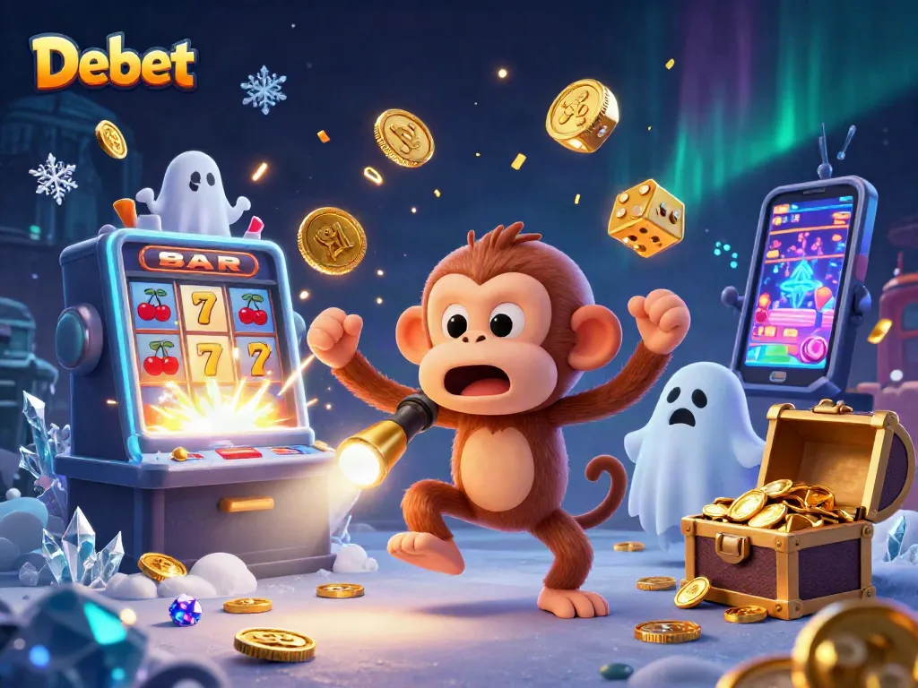 Experience the thrill of Debet with a playful ghostly monkey juggling casino treasures in a vibrant scene.