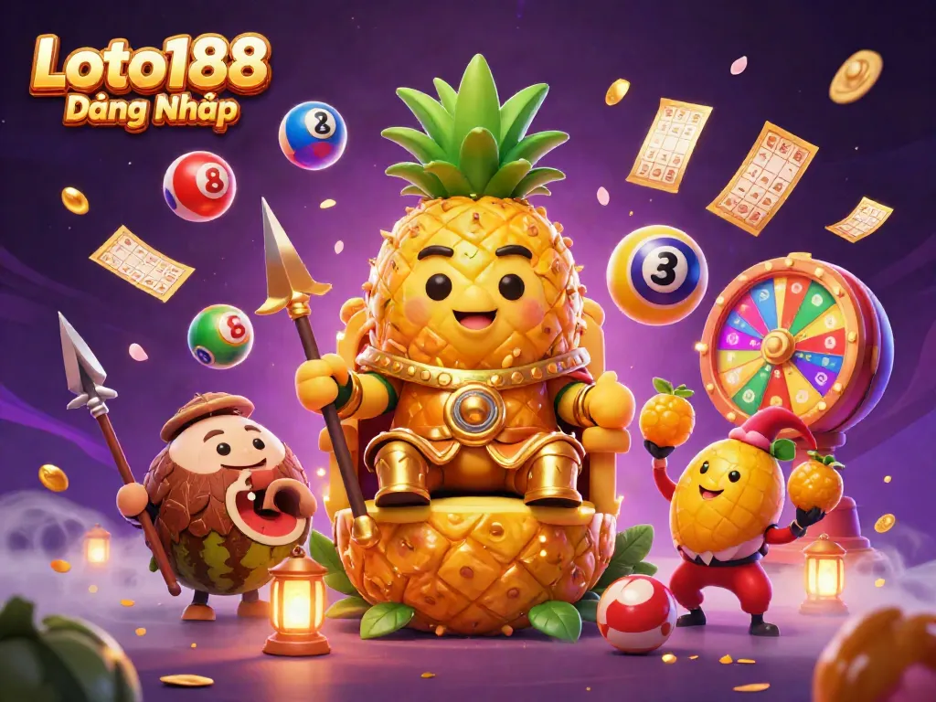 Loto188 Đăng Nhập showcases a vibrant casino scene with a pineapple king and exciting gaming elements.
