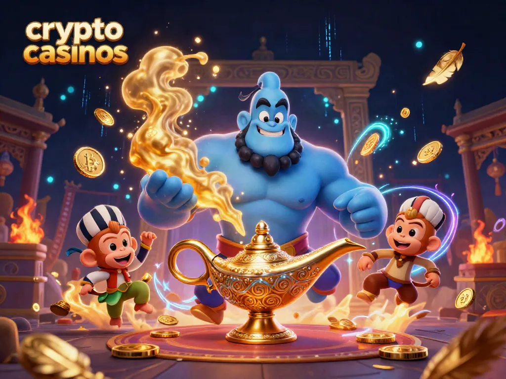 Engage with crypto casinos featuring Bitcoin and Ethereum in a vibrant, dynamic 3D scene.