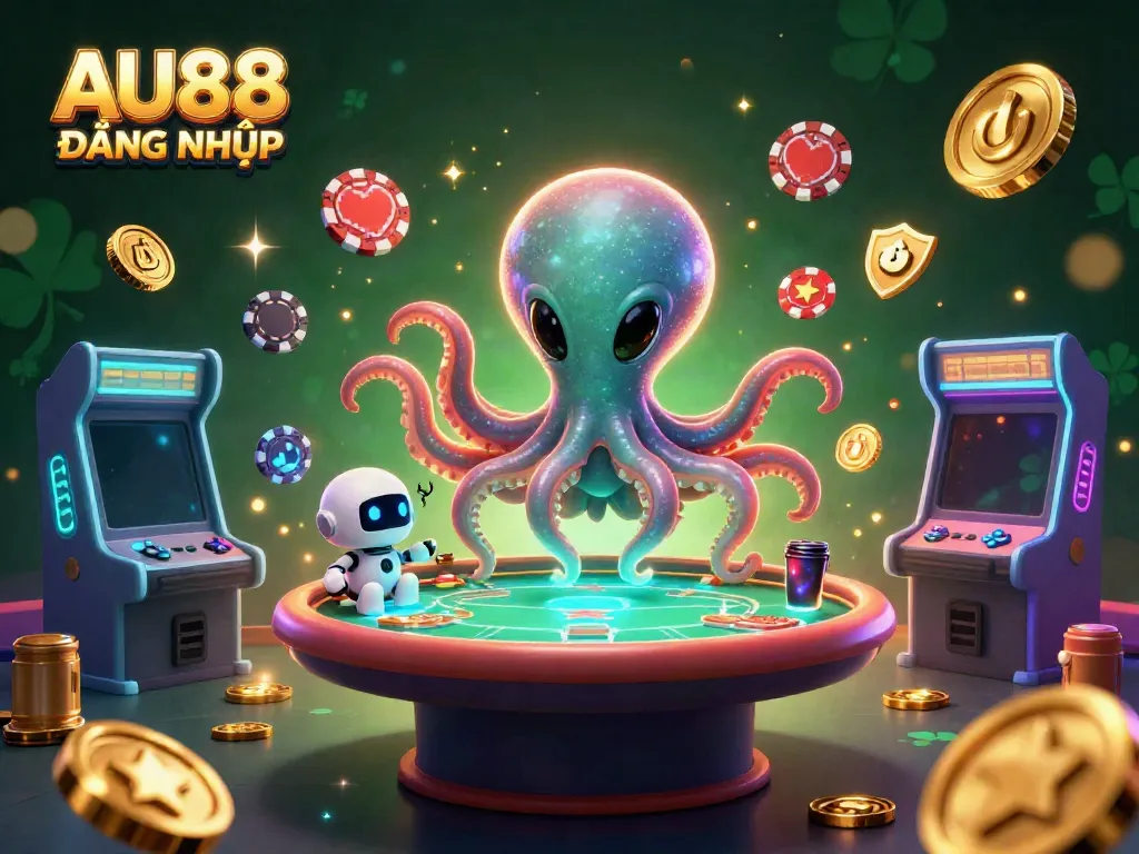 Engage with AU88 ĐĂNG NHẬP through an exciting galaxy poker scene featuring a playful alien octopus.