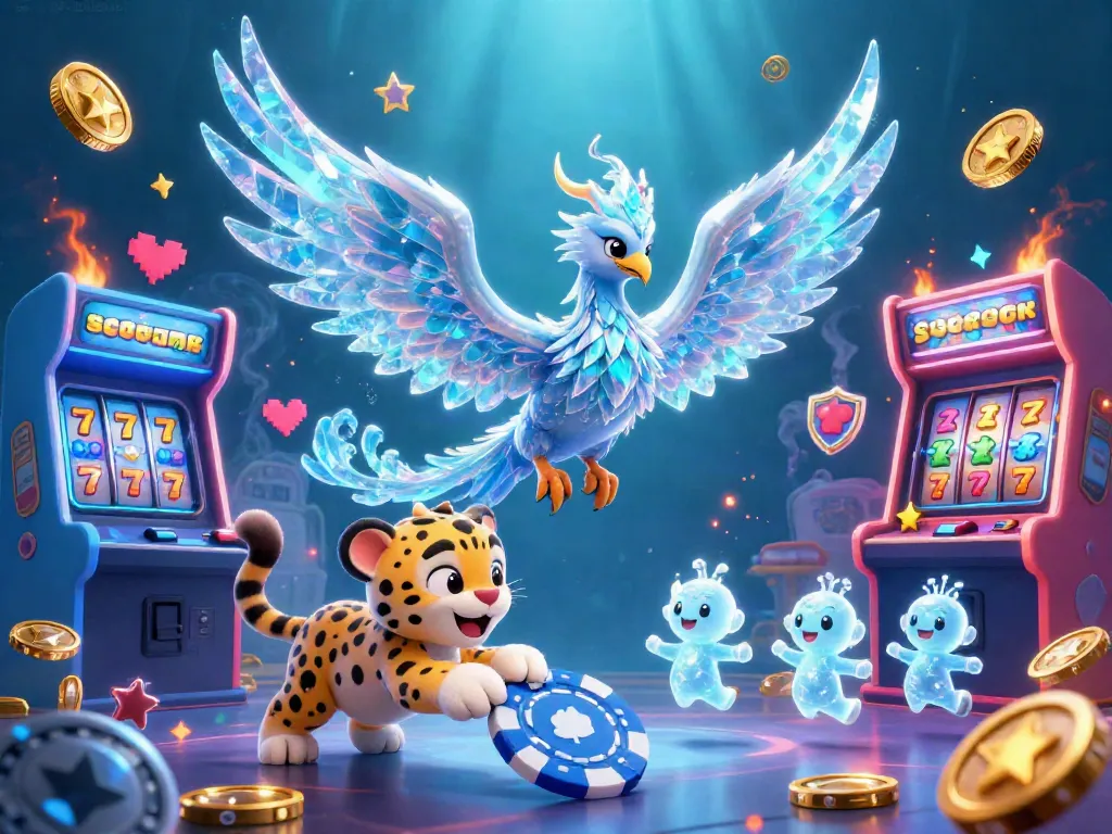 Experience energizing slot action with slotgacor's dynamic phoenix and playful characters in a vibrant casino scene.