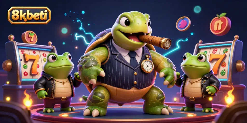 Experience thrilling slots action with 8xbeti's unique characters in a vibrant casino scene.
