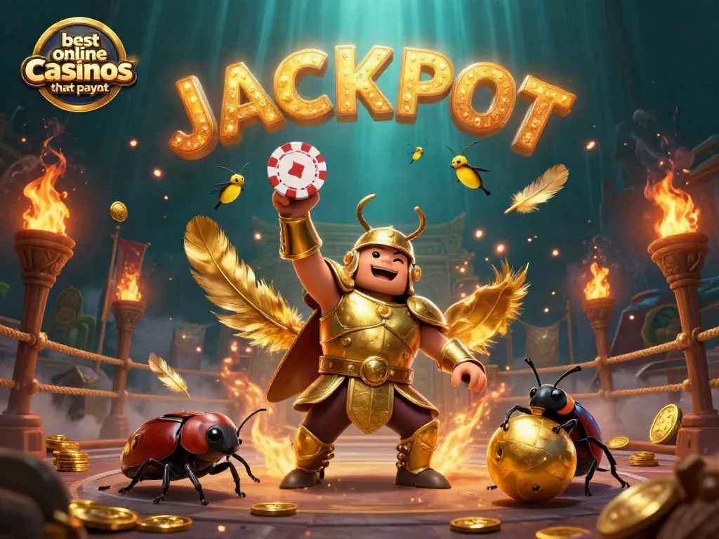 Experience the thrill at the best online casinos that payout with this vibrant 3D illustration featuring a victorious beetle.