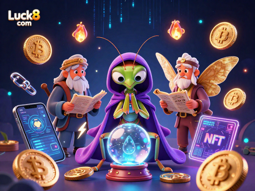 Engage with exciting gameplay at Luck8 com featuring an enchanting scene of fortune tellers and cryptocurrency elements.