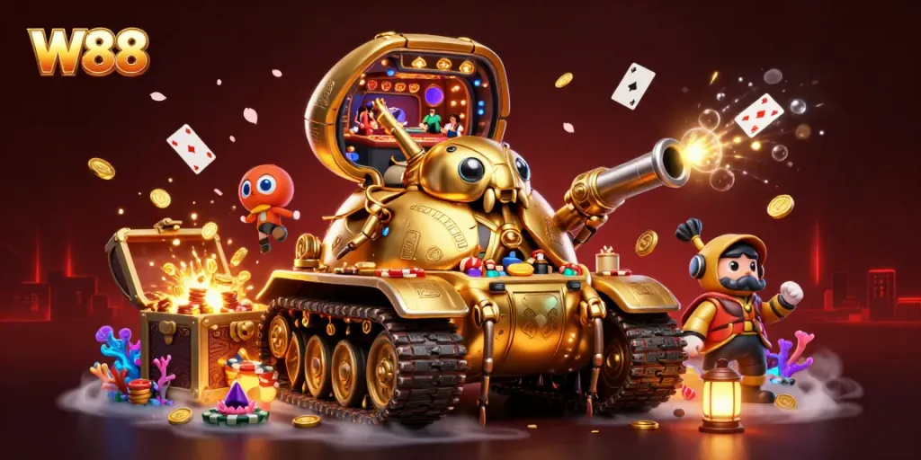 Experience the excitement of W88 in a vibrant 3D casino scene with confetti, gold, and gems.