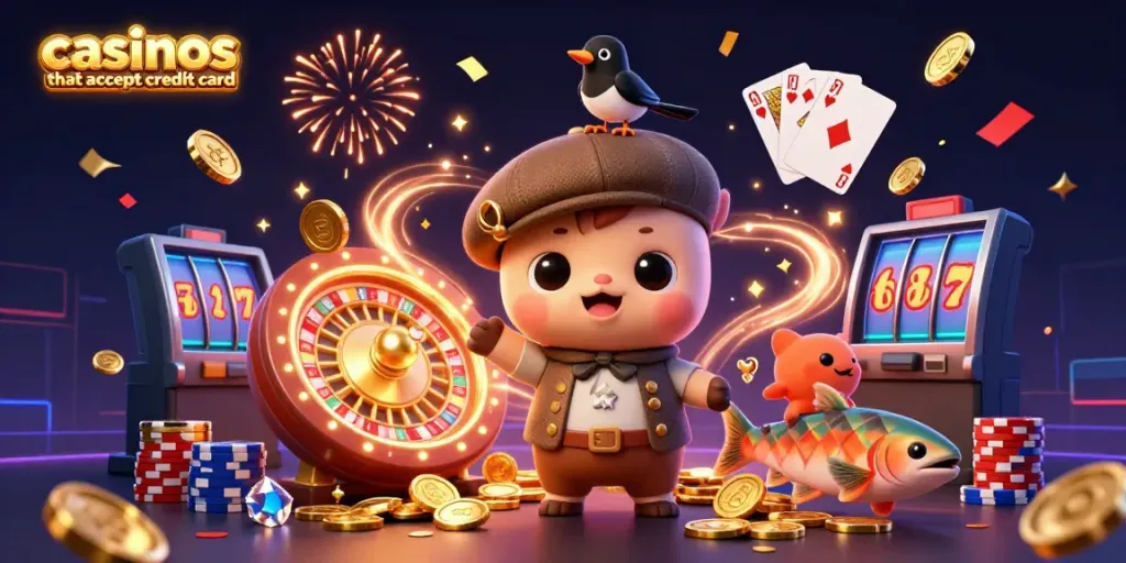 Join energetic characters in an exciting scene celebrating casinos that accept credit card, featuring a playful Nessie and colorful casino elements.