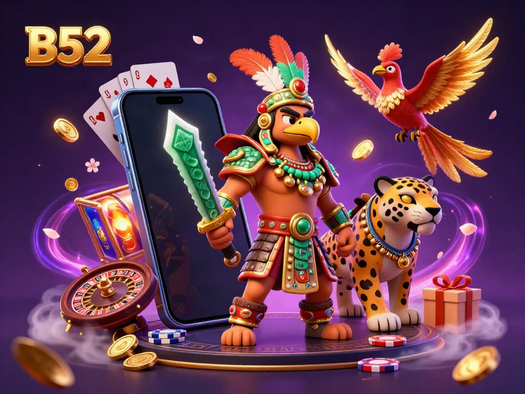 Engage in a vibrant B52 gambling world with Aztec warriors and dynamic game elements.