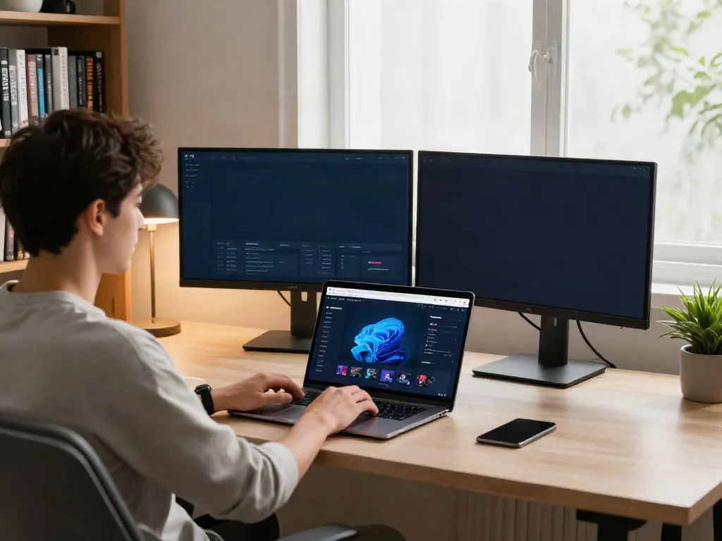 Streaming movies with MovieBox Pro Windows in a modern home office setup.