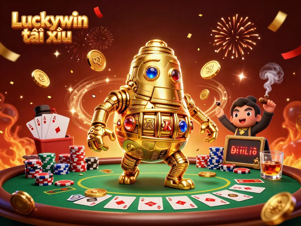 Experience exciting gameplay with Luckywin tài xỉu featuring a golden golem amidst thrilling poker elements.