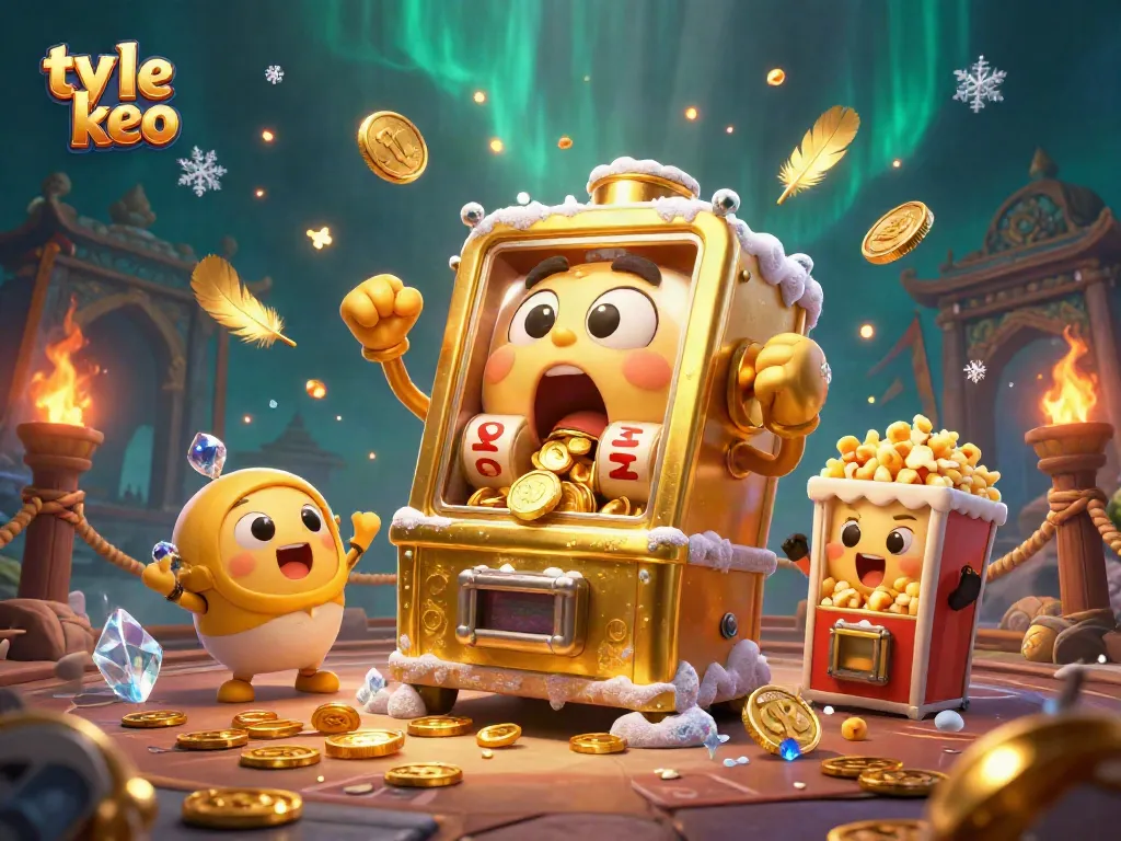 Bettors celebrate ty le keo winning as a golden slot machine hits the jackpot in this vibrant casino scene.