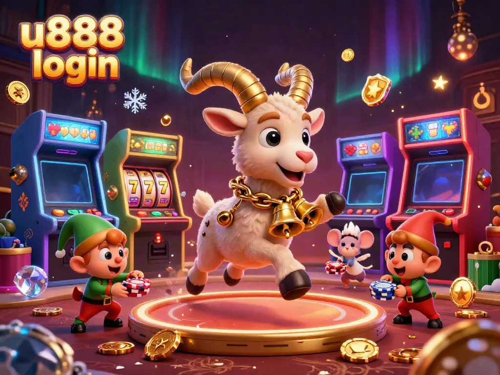 Engage in thrilling gameplay with u888 login at a festive casino scene with characters and gaming elements.