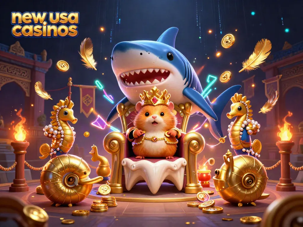 Experience the excitement of new usa casinos with a vibrant scene featuring a golden hamster king and casino elements.
