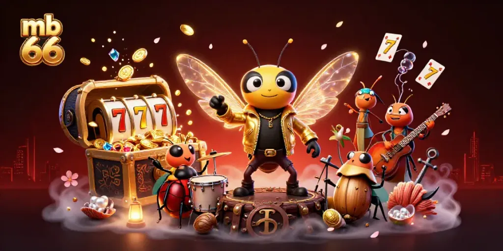 Experience mb 66 excitement with a vibrant illustration of a casino scene featuring a cicada rock star.