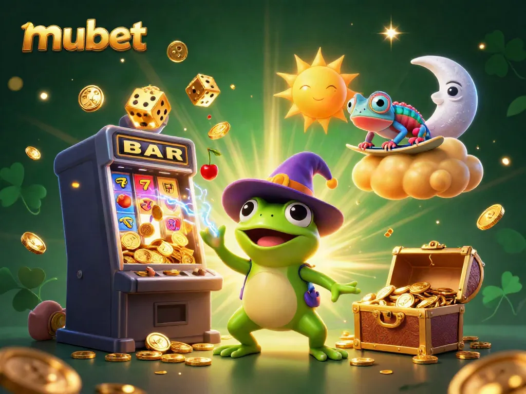 Experience the excitement of mubet with a whimsical scene of a wizard frog and chameleon amidst a casino backdrop.