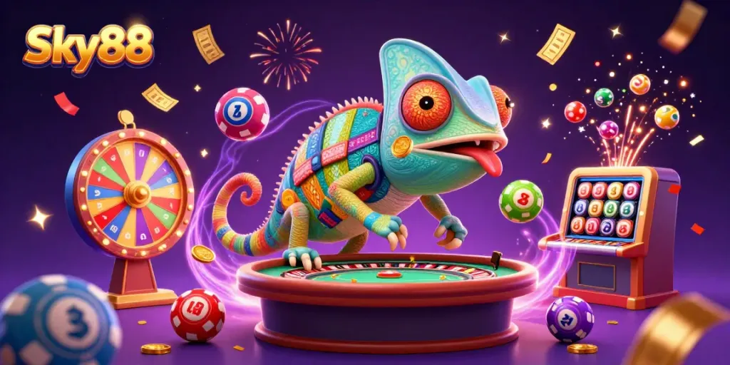 Sky88 casino chameleon owner surrounded by lottery elements and dynamic gaming visuals.