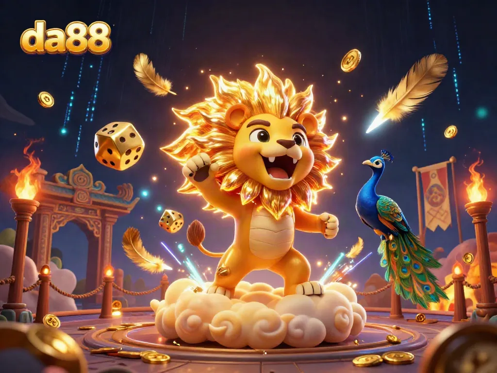 Experience thrilling gameplay at da88 with a roaring lion, golden dice, and vibrant casino elements.