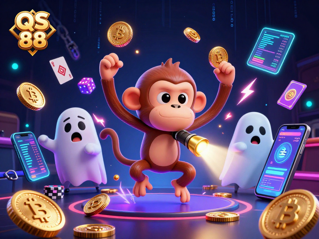 Experience thrilling gambling at QS 88 with a playful ghost and golden coins in a haunted casino.