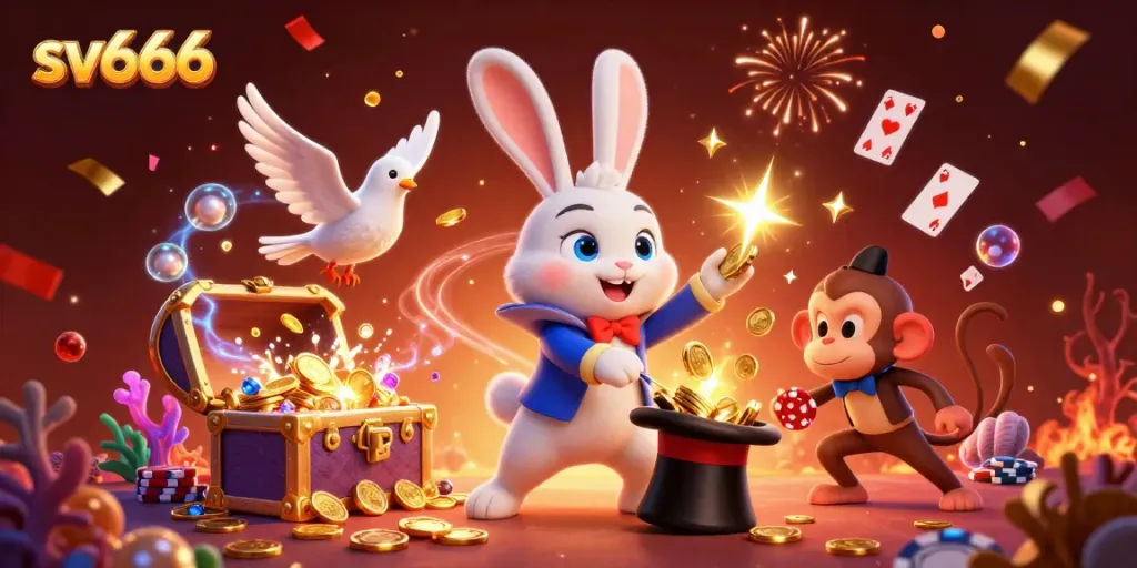 Experience the excitement of sv666 with a magical scene of a rabbit, dove, and monkey in a vibrant casino