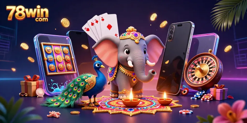 Experience the vibrant charm of 78win com through an energetic casino-themed illustration.