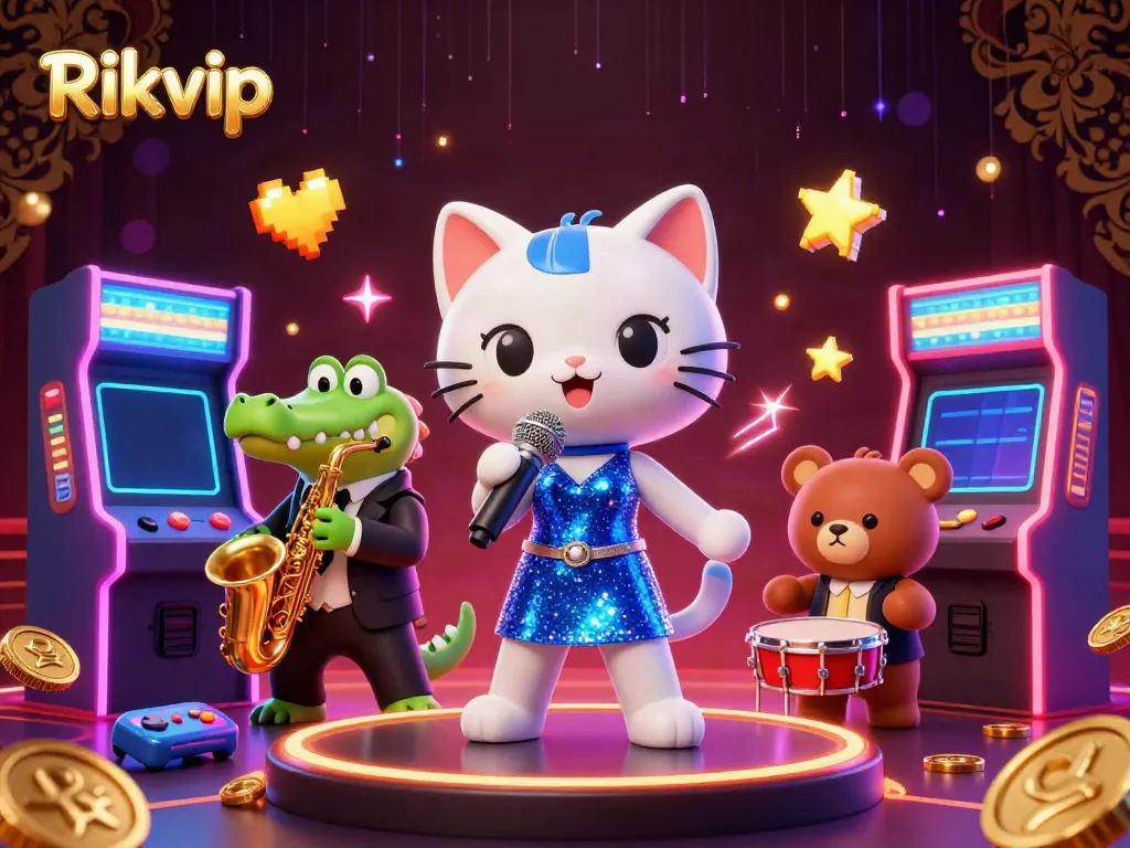Join the vibrant Rikvip casino scene with a jazz-singer cat, saxophone crocodile, and drum bear amidst colorful arcade games.